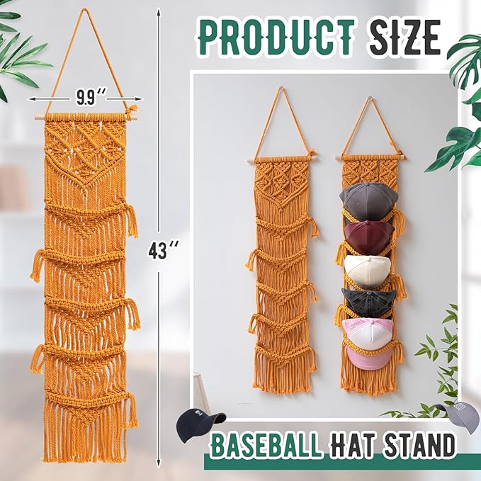 2 Pcs Baseball Cap Holder, Boho Macrame Hat Organizer for Wall, Over The Door Hat Rack for Decoration and Display Handmade Hanger for Baseball Holder up to 20 Caps(Yellow)