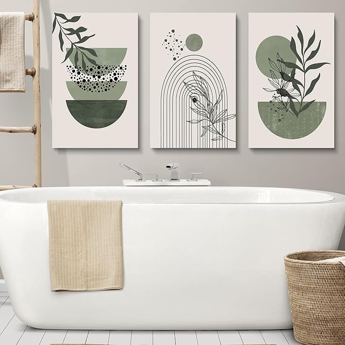 Sage Green Wall Posters & Prints, Green Boho Wall Art Set of 3, Minimalist Framed Wall Art Geometric Line Leaf Sun Moon Beige Green Canvas Artwork Paintings