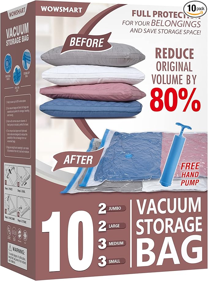 10 Space Saver Vacuum Sealed Storage Bags (2 Jumbo/2 Large/3 Medium/3 Small) with Hand Pump, Seal Bags for Clothing, Comforters, Pillows, Towel, Blanket Storage, Bedding