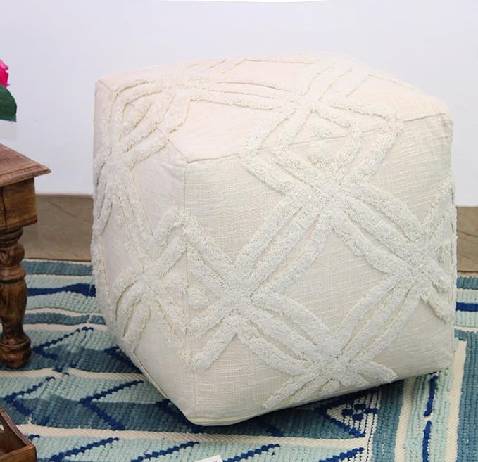 COTTON CRAFT Hand Tufted Pouf - Bedroom Dorm Home Accent - Foot Stool - Ottoman - Bean Bag - Versatile Modern Comfortable Prefilled Woven Cotton Square Pouf Footrest - 16x16x16 inches - Ivory