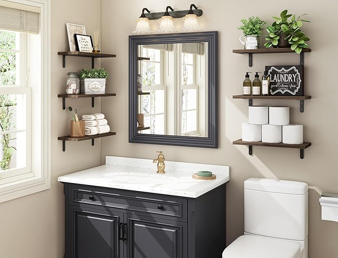 Fixwal Wood Floating Shelves - Set of 6, Wall Mounted, Farmhouse Style for Bedroom & Bathroom