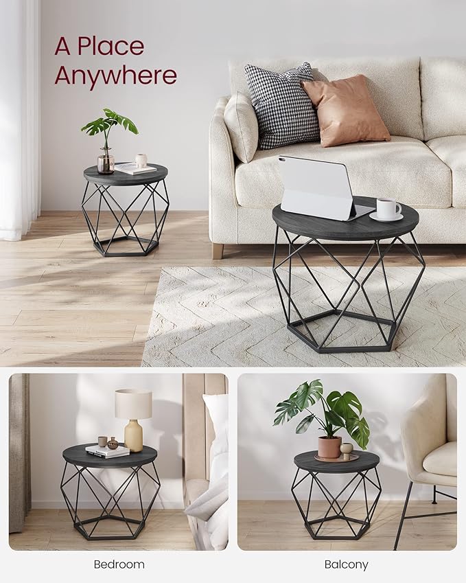 VASAGLE Small Coffee Table Set of 2, Round Coffee Table with Steel Frame, Side End Table for Living Room, Bedroom, Office, Charcoal Gray and Ink Black