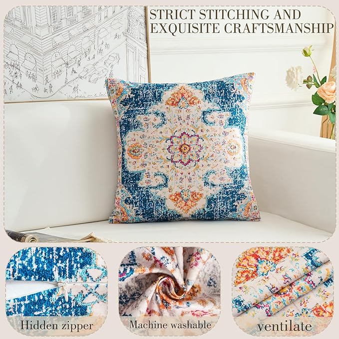 Boho Throw Pillow Covers 16x16 inch Set of 2,Boho Vintage Carpet Pattern Antique Ethnic Decor Double Sided Pattern Cushion Cover Soft Pillow Case Living Sofa Room Bed Square Pillow Cover