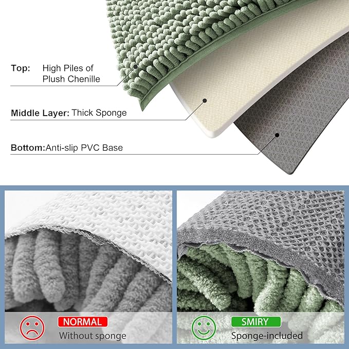 Smiry Luxury Chenille Bathroom Rugs 30x20, Extra Soft and Absorbent Shaggy Bath Mat, Machine Washable, Non-Slip Plush Carpet Runner for Tub, Shower, and Floor, Home Decor Accessories, Sage Green