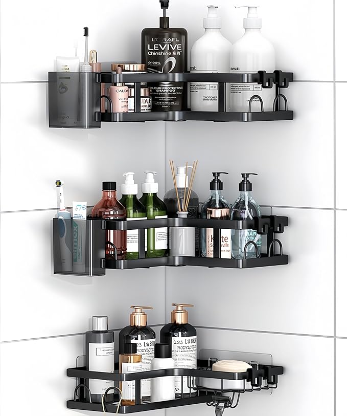 Corner Shower Caddy,3 Pack Rustproof Corner Organizer Shelves,No Drilling Stainless Steel Shower Organizer for Bathroom,Bathtub,Shower Pan,Bath Accessories Shower Caddies(Black)