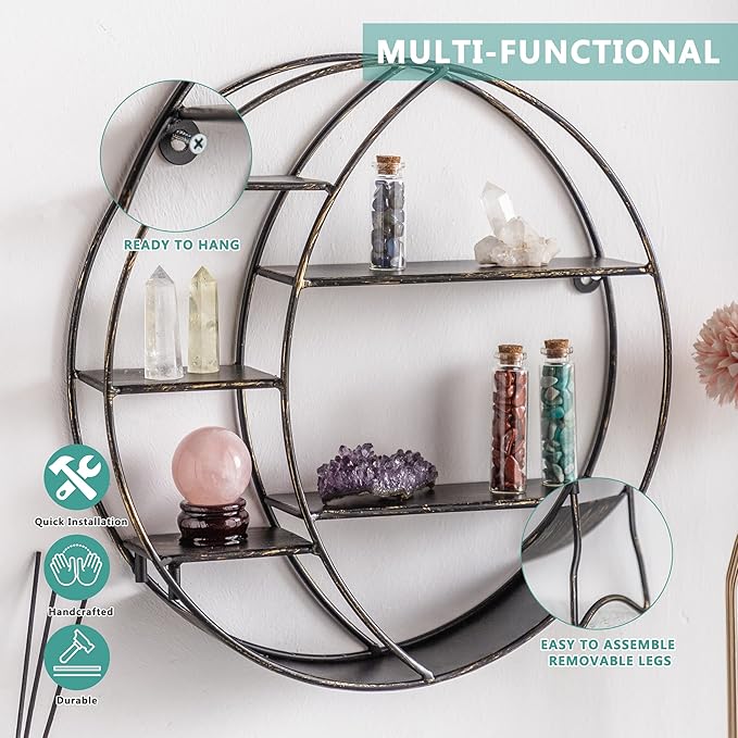 Moon Shelf for Crystals - Circle Shelf Wall Decor for Wall and Countertop - Crystal Shelf Display for Stones, Essential Oil, Pendulum - Boho Hanging Moon Shelves (Retro Black)