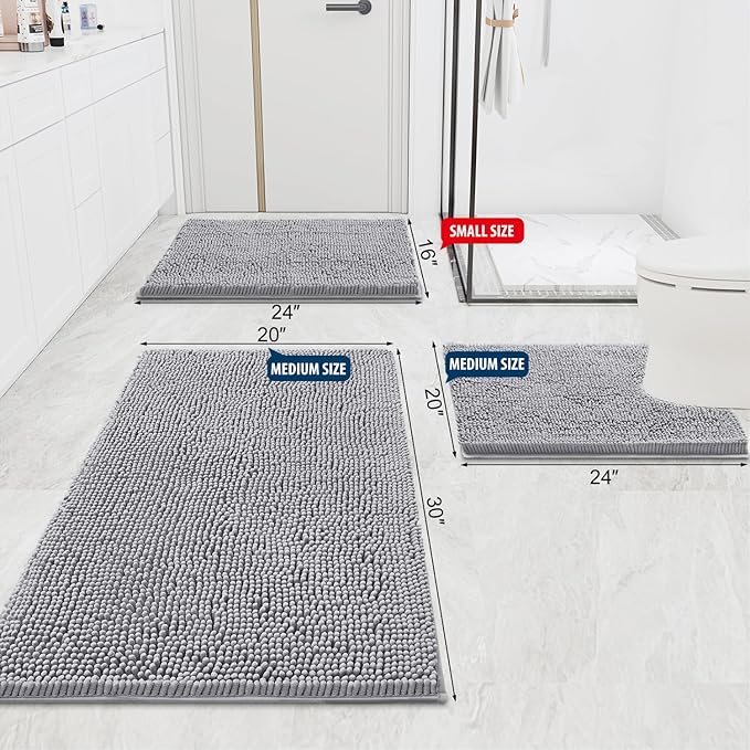 Smiry Luxury Chenille Bathroom Rugs 47x24, Extra Soft and Absorbent Shaggy Bath Mat, Machine Washable, Non-Slip Plush Carpet Runner for Tub, Shower, and Floor, Home Decor Accessories, Light Grey