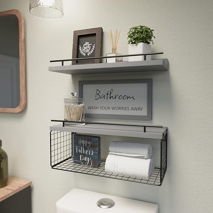 WOPITUES Floating Shelves for Bathroom Wall Decor Sign, Bathroom Organizers and Storage, Bathroom Shelves Over Toilet with Metal Guardrail-Modern Grey