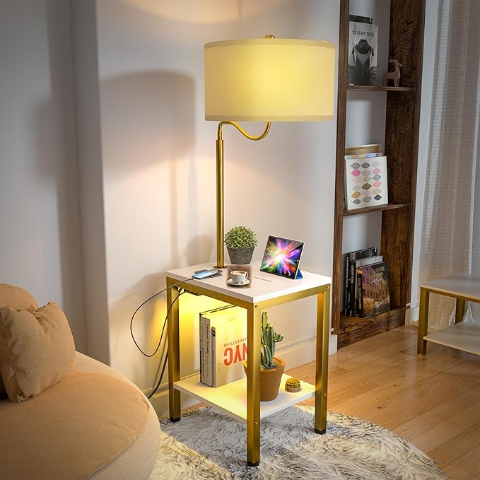 LED Floor Lamp with Table, Side Table with LED Light and Power Outlet, Nightstand with Lamp, End Table with Lamp Attached for Living Room, Bedroom, USB Ports, Bulb Included, White, 2 Pack
