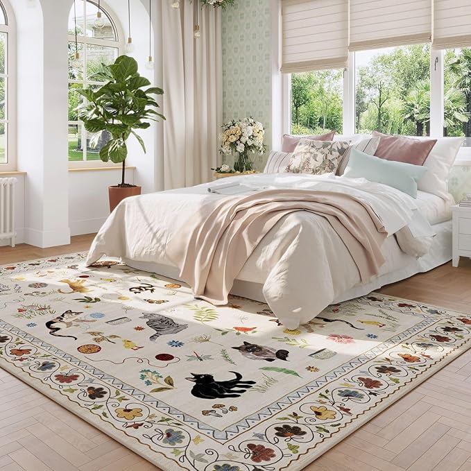 Living Room Rug 5x7 Rug Machine Washable Boho Area Rug Non Slip Floral Animal Cat Vintage Low Pile Large Rugs for Living Room Bedroom Farmhouse Dining Room Kids Playroom, Beige