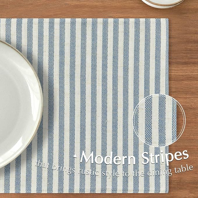 JINCHAN Linen Striped Placemats Set of 4 Farmhouse Cloth Place Mats Durable Table Mats Soft Washable Placemats for Kitchen Dining Table Double Layer Heat Resistant Tablemats 13x19 Inch Blue