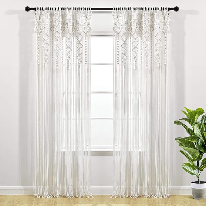 Lush Decor Boho Macrame Textured Cotton Window Curtain Panel, 40" W x 84" L, White - Room Divider or Wedding Decor - Boho, Macrame