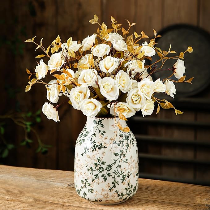 Green and Beige Vintage Vase, Chinoiserie Floral Vase, Rustic Ceramic Large Vases for Home Decors, Living Room, Bookshelf, Office, Grand Millennial Decor, Chinoiserie Decors, Tuscan Decor 7.8 Inch