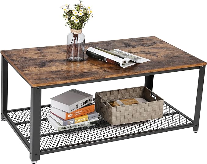VASAGLE Coffee Table for Living Room, 2-Tier Cocktail Table, Center Table with Mesh Shelf, Steel Frame, Adjustable Feet, Industrial Style, Rustic Brown and Black ULCT61X