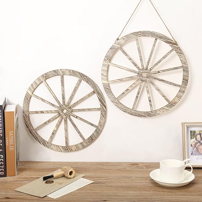2 Pcs Wagon Wheel Decor Wooden Western Cowboy Party Decorations Vintage Rustic Wagon Wheel Wood Cartwheel Decor for Bar Garage Indoor Outdoor (Gray,12 Inch)