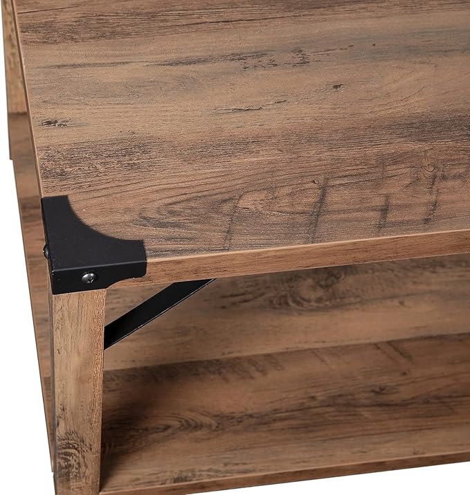 Flash Furniture Wyatt Modern Farmhouse 2 Tier Coffee Table - Rustic Oak Engineered Wood Frame - Black Metal Crisscross Side Braces and Corner Accents
