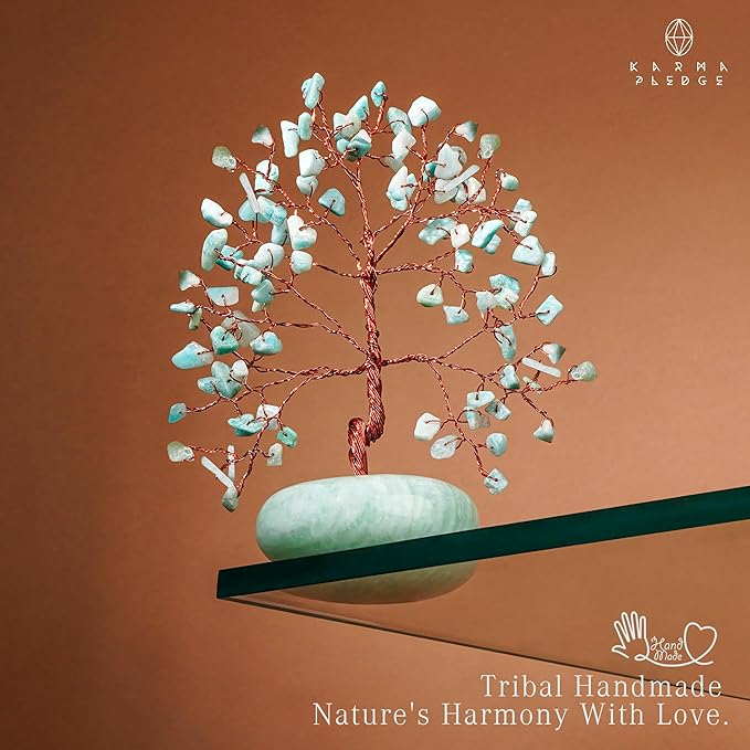 Crystal Tree of Life Home and Office Feng Shui Decor, Amazonite Healing Crystal Handmade Bonsai Tree for Positive Energy, Good Luck, Money, Christmas Decor, Birthday Gifts for Women, Mom