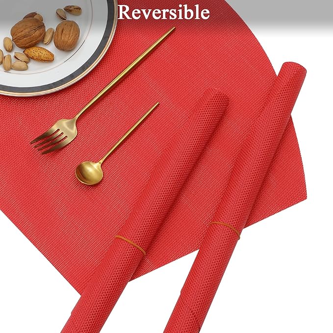 SHACOS Large Size Wedge Shape Placemats with Centerpiece Round Mat Set of 5 Round Table Place Mats Washable Dining Table Placemats Reversible, Red