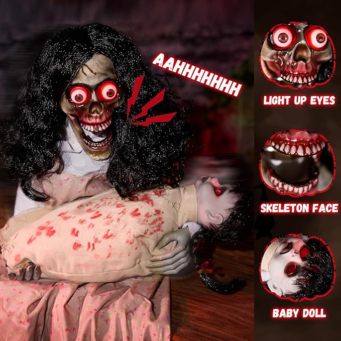 Halloween Animatronics Creepy Sitting Skeleton & Doll Animated Decorations with Sound & Sensor Activated, Sound, Light Up Eyes, Scary Move, Haunted House Holiday Decor Horror Prop for Indoor, Outdoor