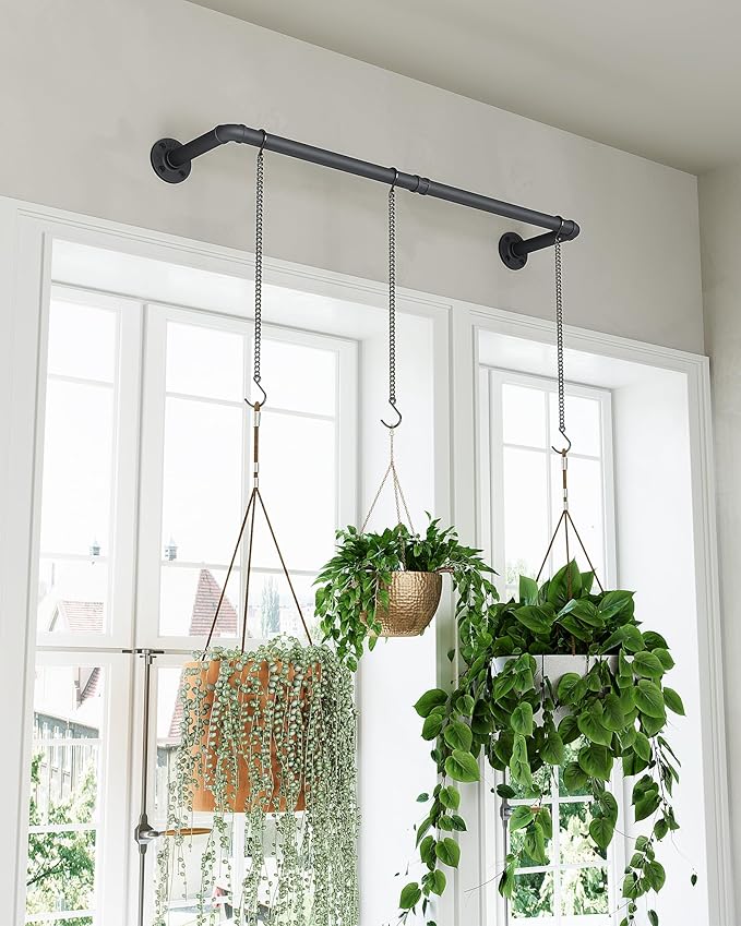 Plant Hanger Indoor, Hanging Planters Rod for Indoor Plants with 3 Hanging Chains, Wall Plant Hanging Rod for Window Ceiling, 38.2 Inch, Metal/Black, Pots Not Included