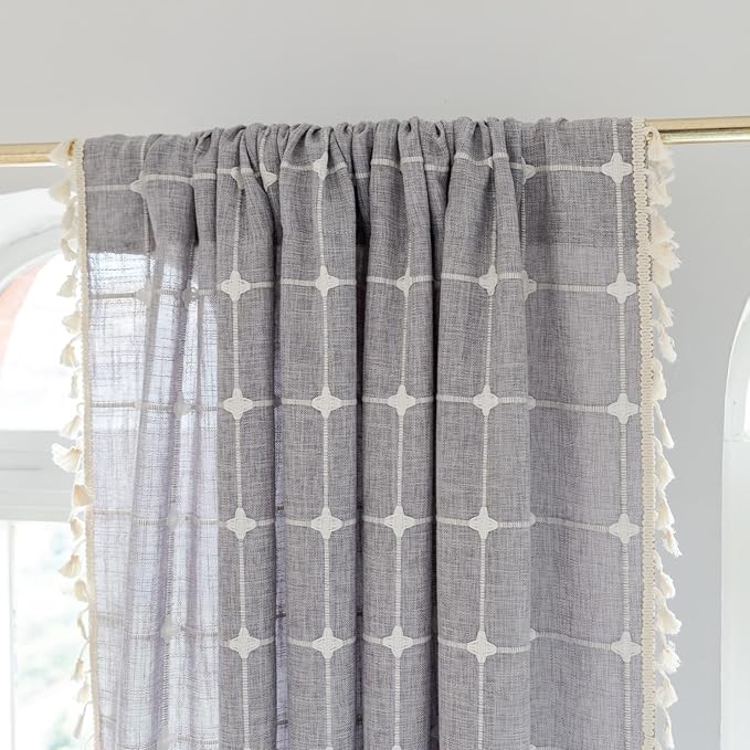 Sutuo Home Boho Curtains for Kitchen Nursery Room 63 Inches Long,Checkered Linen Light Filtering Farmhouse Bohemian Vintage Chic Tassels Window Treatment Drape, 1 Panel 52" W x 63" L, Dark Grey Plaids
