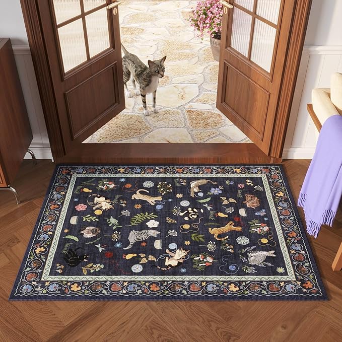 Door Mat Indoor Entrance 2x3 Rug Machine Washable Boho Floral Animal Cat Small Area Rug Non-Slip Low Pile Throw Rugs for Entryway Kitchen Front Door Entry Kids Room, Cobalt Blue