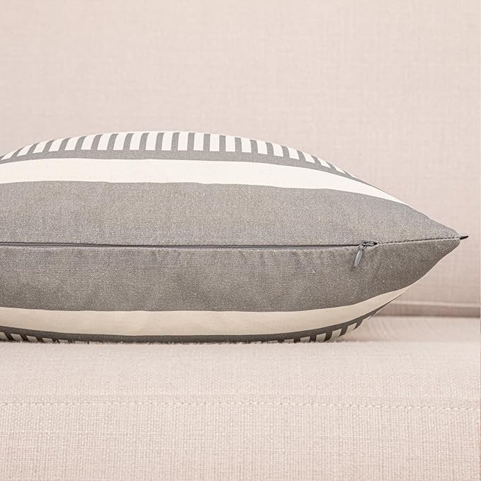 Farmhouse Stripe Pillow Cover 18x18 Boho Accent Cushion Case Faux Leather Decorative Pillowcase,Grey and Beige (Cover ONLY, Pack of 2)