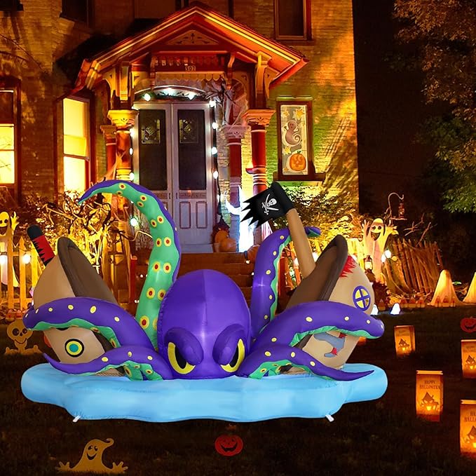 Juegoal Halloween Inflatable Lighted Giant Octopus Attacked Pirate Ship, 7.5FT Long Spooky Purple Octopus & Haunted Ship with Lights, Animated Halloween Yard Prop, Outdoor Garden Lawn Blow up Decor