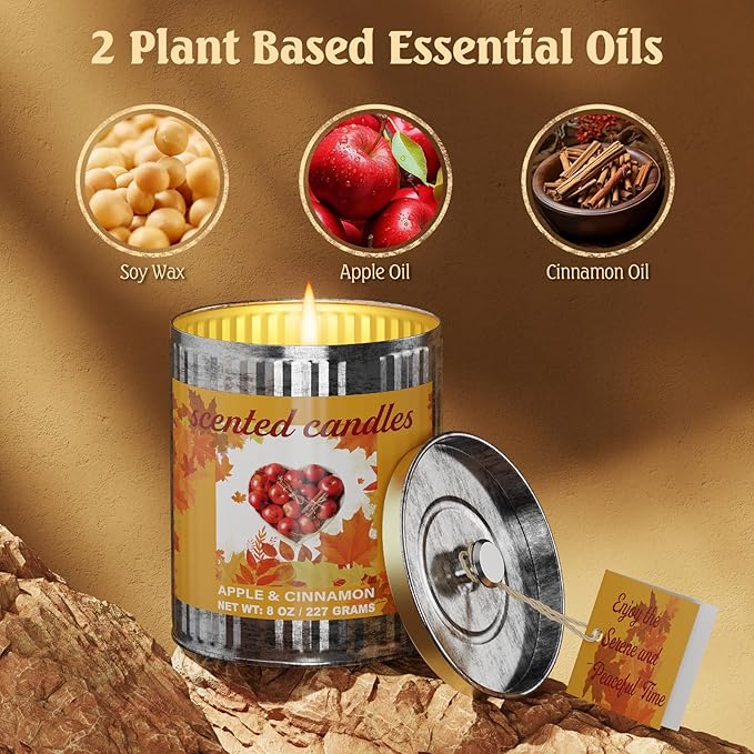 Vintage Scented Candles Gift Set (2 x 8 oz) - Apple & Cinnamon Aromatherapy Candle, Natural Soy Wax Candle, (2 x40) Hours Burn, 8% Fragrance Oil, Holiday Gifts for Home Decor, Relaxation & Christmas