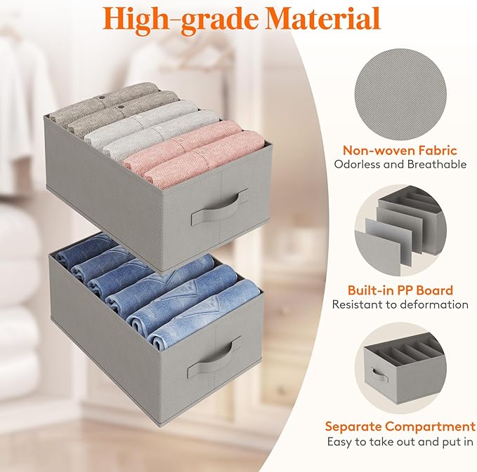 Lifewit Wardrobe Clothes Organizer 6 Pack, Large Size 6 Grids Closet Jean Storage Bins with Handles and Support Boards, Foldable Drawer Dividers for Sweater, Pants, T-shirt, Hoodie, Dress, Grey