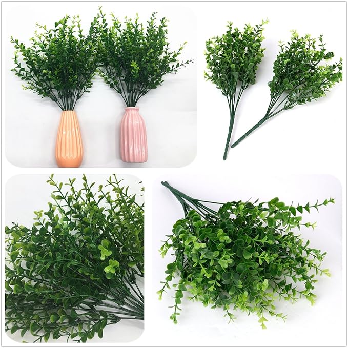 CATTREE Artificial Eucalyptus Plants, Plastic Christmas Decorations Fake Shrubs Bushes Green Leaves Wedding Indoor Outdoor Home Garden Verandah Kitchen Office Table Centerpieces Arrangements 8 pcs