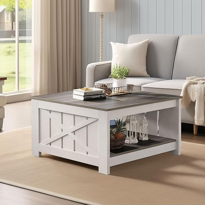 YITAHOME Coffee Table Farmhouse Coffee Table with Storage Rustic Wood Cocktail Table, Square Coffee Tables for Living Meeting Room with Half Open Storage Compartment, White and Light Brown