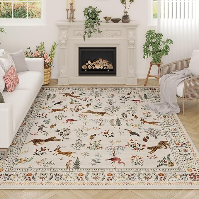 Living Room Rug 6x9 Rug Machine Washable Boho Area Rug Non Slip Floral Animal Vintage Low Pile Large Rug for Living Room, Bedroom, Farmhouse, Dining Room, Kids Playroom (Beige)