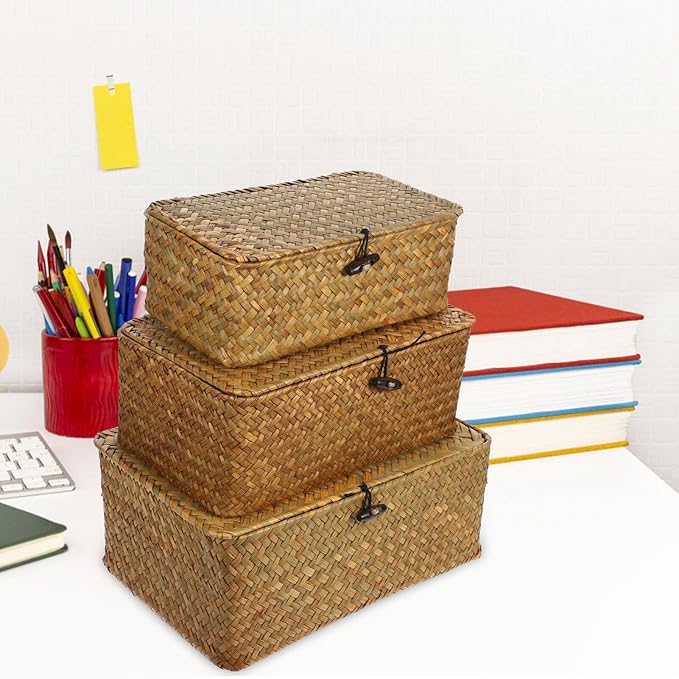 IMIKEYA 3pcs Seaweed Baskets with Lids: Woven Baskets Seagrass Storage Woven Basket Straw Desktop Rattan Storage Basket Hand-Woven Storage Basket for Shelf Desktop Home Decor