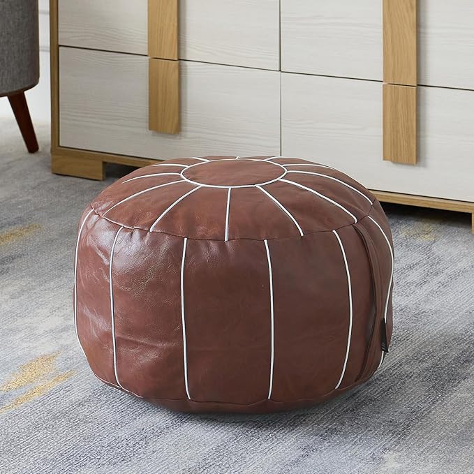 Louis Donné Unstuffed Pouf Ottoman Cover, Handmade Moroccan Foot Stool for Foot Rest, Round Faux Leather Small Bean Bag with Storage Solution, Floor Pouffe Footstool for Living Room, Bedroom Balcony