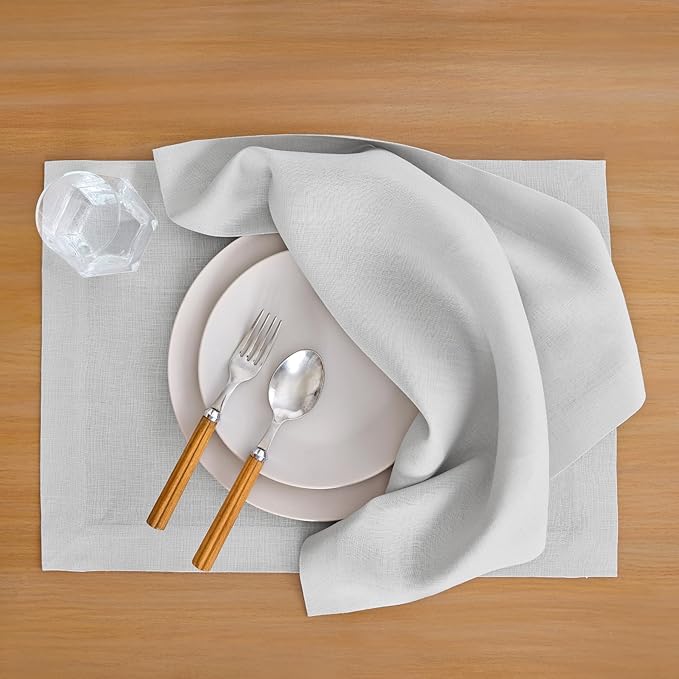 Solino Home Linen Placemats Set of 4 - Silver Cloud Placemats 14 x 19 Inch - 100% Pure Linen Table Place Mats for Summer - Fete