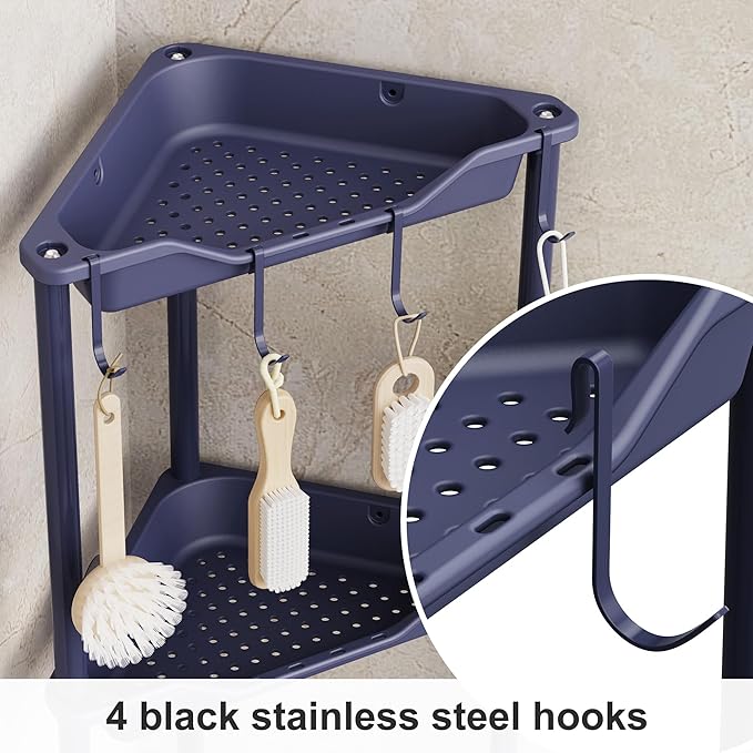 Orimade Rustproof 3 Tier Floor Standing Corner Shower Caddy Organizer, Plastic Metal Splicing Floor Corner Shelf Rack Stands for Bathroom, Bluish-Purple