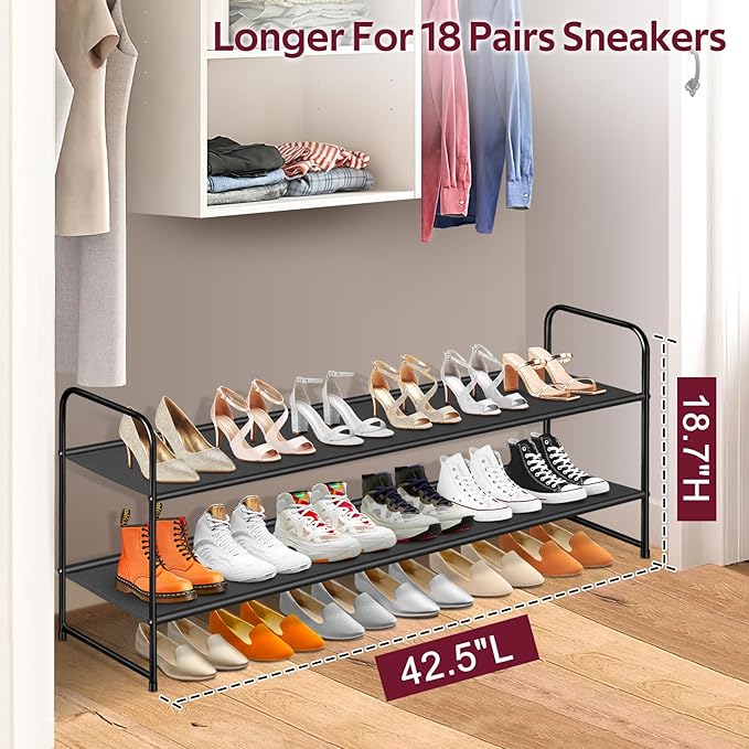 SLEEPING LAMB Long 2-Tier Shoe Organizer for Closet, Stackable Wide Shoe Rack Holds 18-Pairs Low Shoe Shelf Storage for Bedroom, Floor, Entryway(Black)