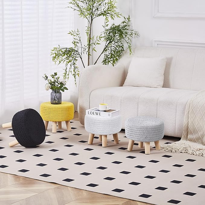 Wimarsbon Small Ottomans, 100% Hand Knitted Pouf Ottoman, Round Footrest with 4 Non-Skid Wood Legs, Boho Décor Cotton Rope Pouffe Beside Sofa, Leisure Floor Step Chair for Living Room (Grey)