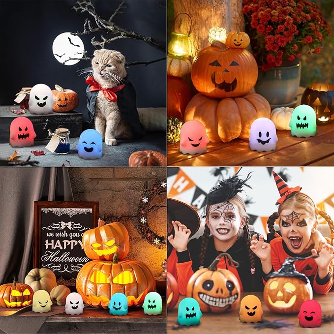 DRomance Ghost Flickering Flameless Candles Battery Operated with Remote and Timer 6 Pack Color Changing Light Spooky White LED Tea Lights Candles Halloween Indoor Decoration Gifts(2 x 2.4 Inches)