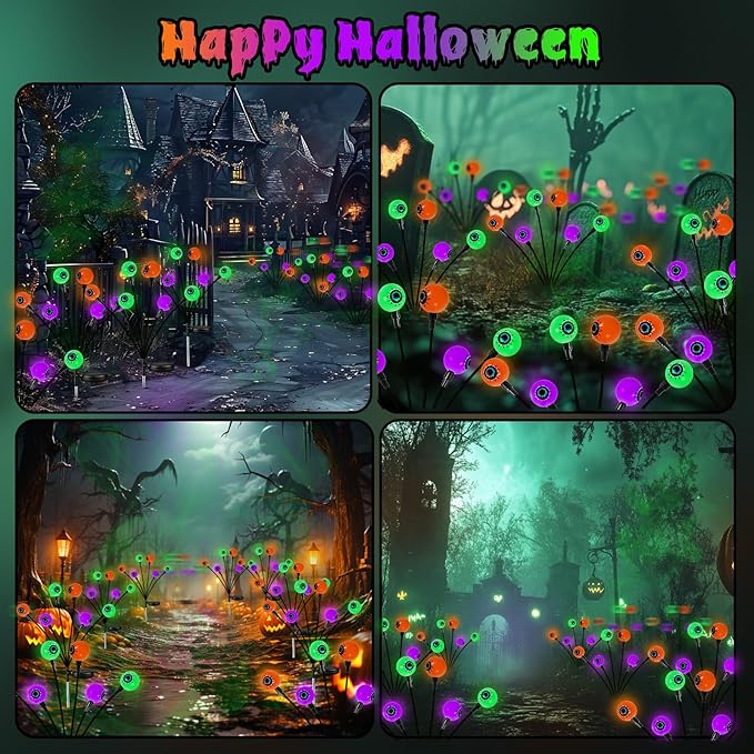 6Pack 36LED Orange,Purple and Green Solar Halloween Eyeball Lights Outdoor, Solar Garden Lights Outdoor Waterproof, Firefly Light Swaying by Wind with 2 Modes for Pathway Yard Halloween Decorations