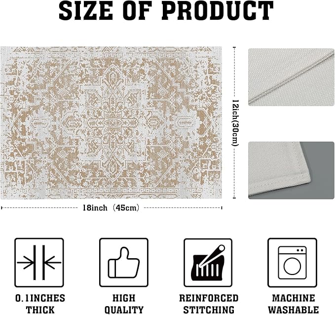 Gray Khaki Boho Placemats Set of 6 Ethnic Bohemian Carpet Place Mats Washable Kitchen Dining Vintage Grey Geography Floral Linen Table Mats Stain Heat-Resistant for Home Party Indoor 12x18 in