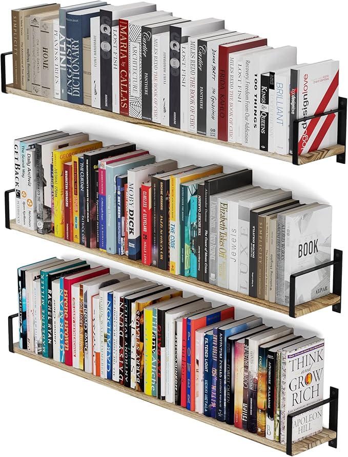 Wallniture Toledo Floating Bookshelf Set of 3, Wood Floating Shelves for Wall Storage, 36"x6" Long Wall Shelves for Living Room, Bathroom, Bedroom, Kitchen Pantry,Burnt Finish