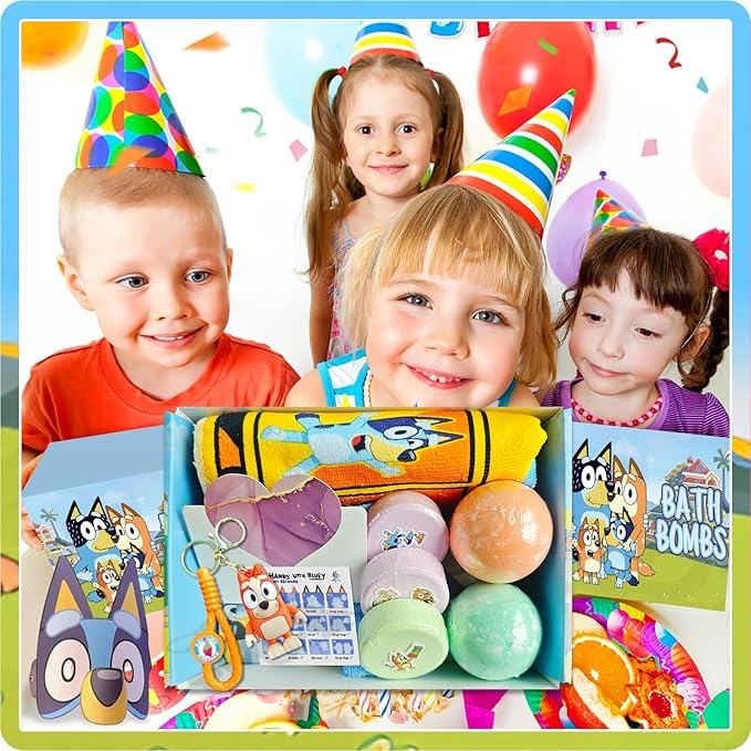 The Blue Heelers Gifts Set: Bath Bombs with Toys Inside, Shower Steamers, Mask Craft, Keychain, Drawstring Backpack, Towel, Blanket, Sticker, Poster, Gift Card, Birthday Gifts for Kids Boys Girls