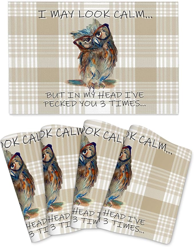 Funny Owl Placemats Set of 4, Cute Buffalo Plaid Table Mats, Heat Resistant Washable Linen Place Mats for Kitchen Dining Tables Farmhouse Decoration 12x18 Inch