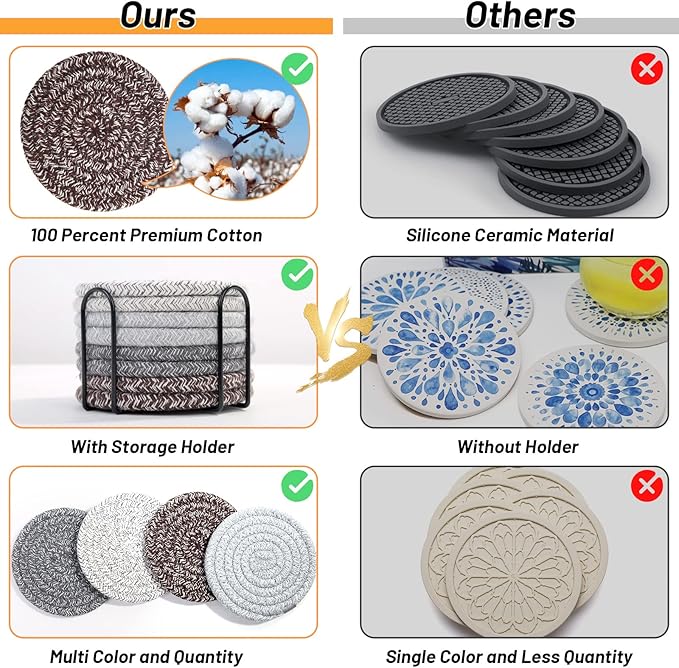 Mckanti 8 Pcs Coasters for Drink with Holder, 4 Colors Absorbent Coasters for Drinks, Minimalist Cotton Woven Coaster Set for Home Decor Tabletop Protection Suitable for Kinds of Cups, 4.3 Inches.