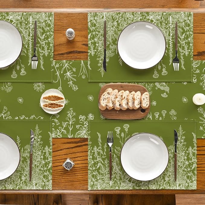 Artoid Mode Antique Herbs and Wild Flowers Spring Placemats Set of 4, 12x18 Inch Seasonal Sage Green Summer Table Mats for Party Kitchen Dining Decoration