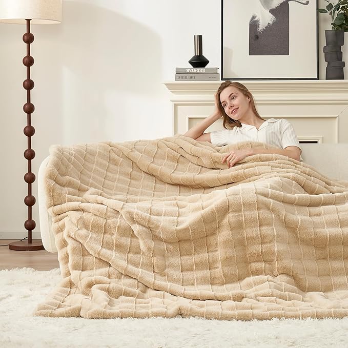 Cozy Bliss Fluffy Faux Fur Throw Blanket for Couch,Lightweight Cozy Soft Beige Throw Blankets for Sofa Bed Living Room,60x80 Inches