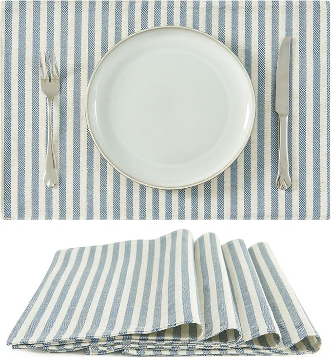 JINCHAN Linen Striped Placemats Set of 4 Farmhouse Cloth Place Mats Durable Table Mats Soft Washable Placemats for Kitchen Dining Table Double Layer Heat Resistant Tablemats 13x19 Inch Blue