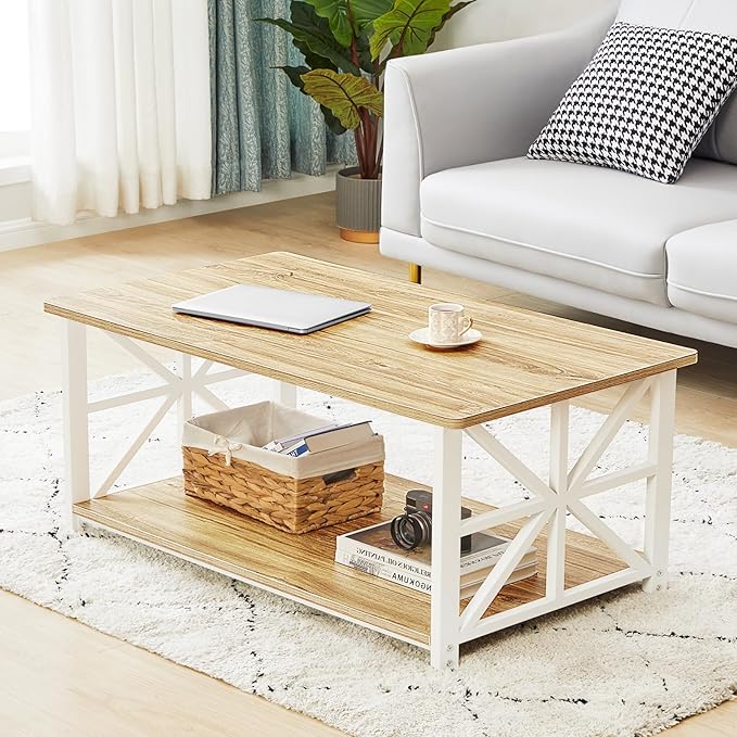 GreenForest Coffee Table with Round Corner, Farmhouse Center Table with 2-Tier Storage Shelf X-Frame Design for Living Room, 39 inch Oak